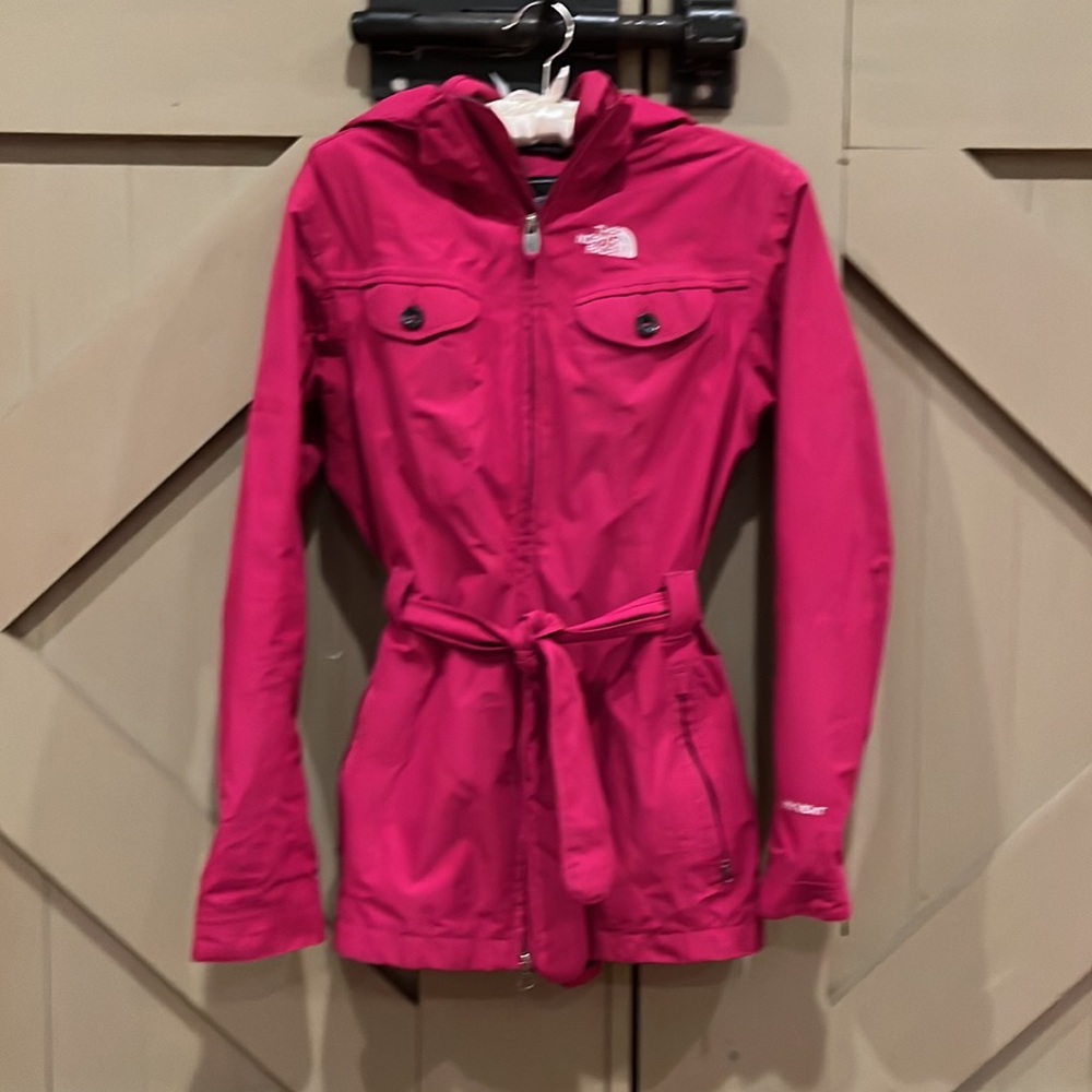 North Face pink rain jacket with belt